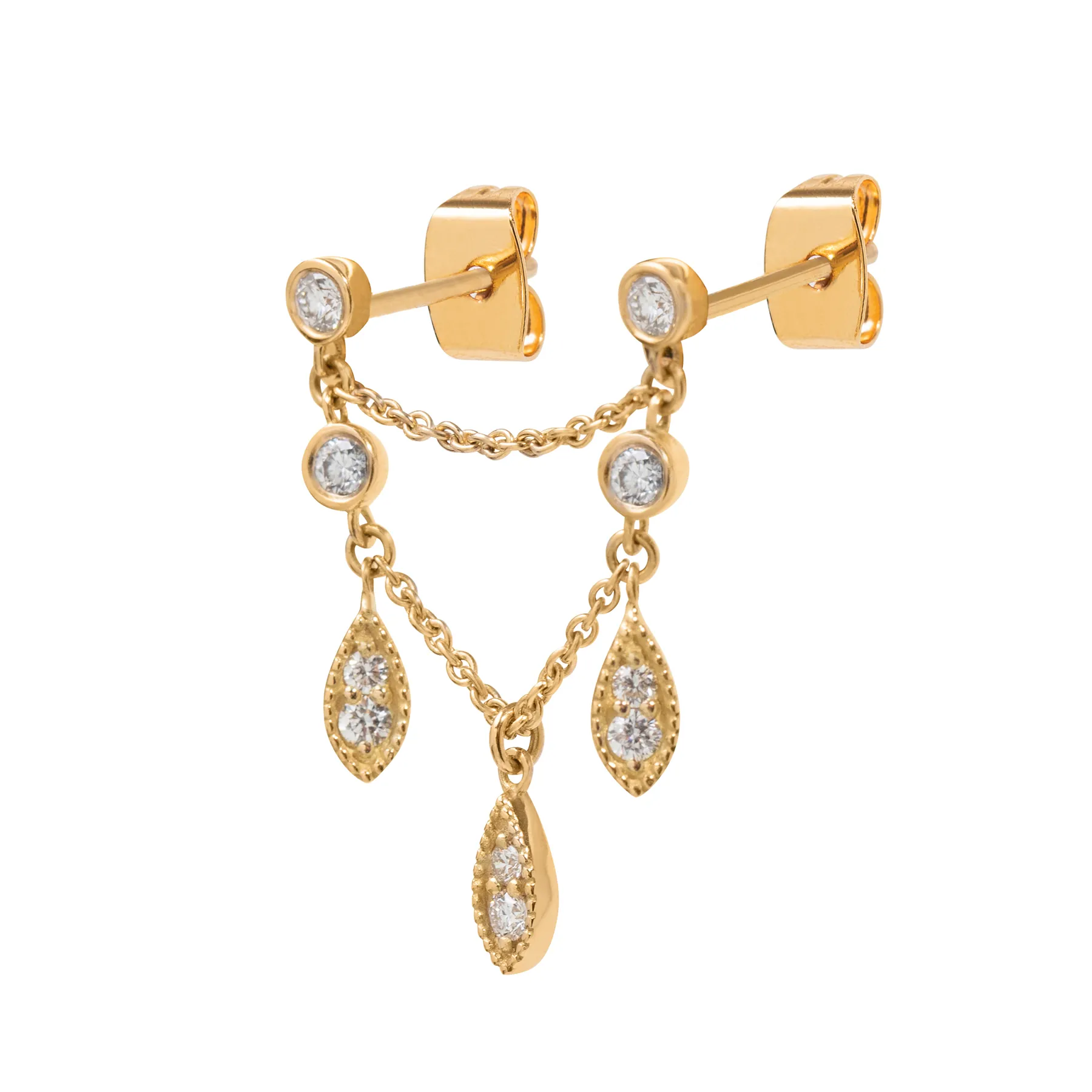 Packshot de boucles d’oreilles dorées serties de pierres
